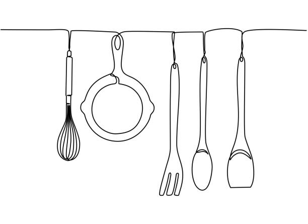 Continuous one line drawing. Fork, spoons, knife plates and all eating and cooking utensils, can be used for restaurant logos, cakes, business cards, banners and others. Black and white vector illustration Continuous one line drawing. Fork, spoons, knife plates and all eating and cooking utensils, can be used for restaurant logos, cakes, business cards, banners and others. Black and white vector illustration kitchen utensil illustrations stock illustrations