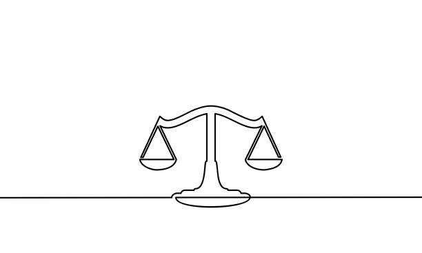 Continuous line drawing of justice scales. vector illustration for banner, poster, web, template. Black thin line image of justice scales icon - Vector Continuous line drawing of justice scales. vector illustration for banner, poster, web, template. Black thin line image of justice scales icon - Vector lawyer drawings stock illustrations