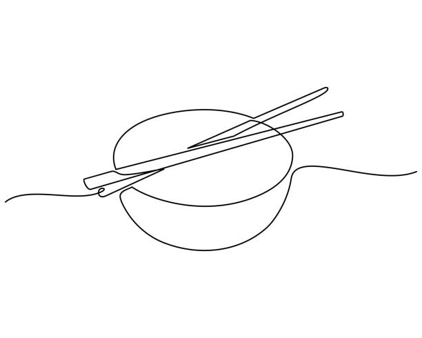 ilustrações, clipart, desenhos animados e ícones de desenho contínuo da linha. tigela com um par de pauzinhos isolados em um fundo branco. vetor - chopsticks nobody red white background