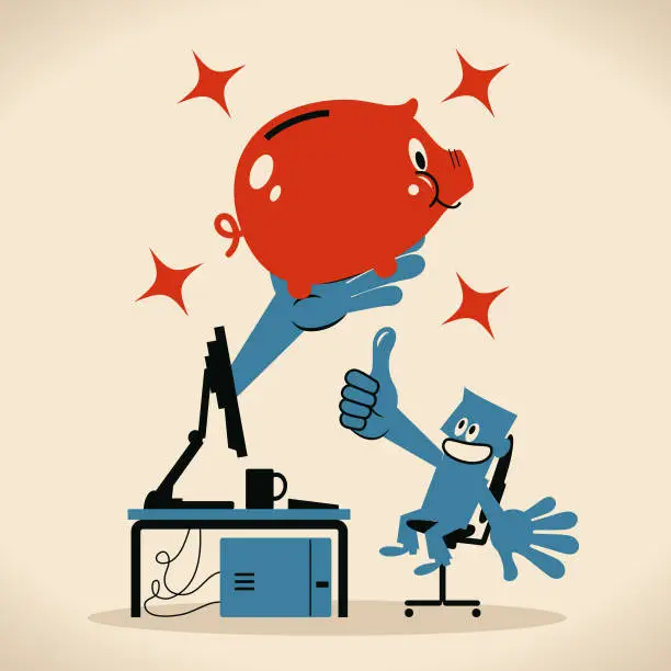 Vector illustration of Blue man works on a computer, a hand comes out of the monitor and holds a Piggy Bank