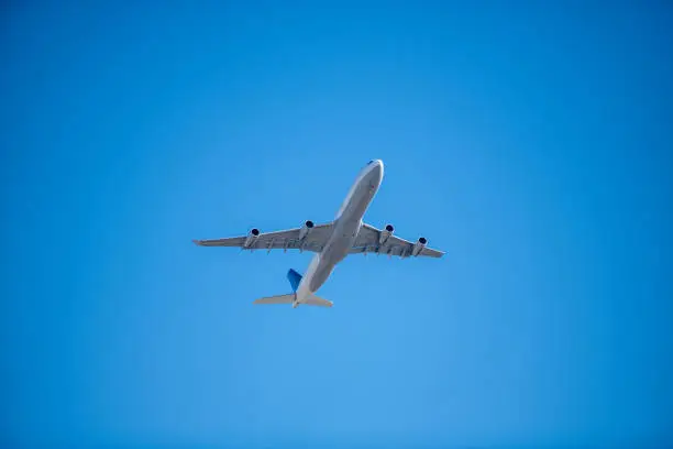 under belly of commercial passenger jet on cloudless blue sky in San Diego, CA, United States