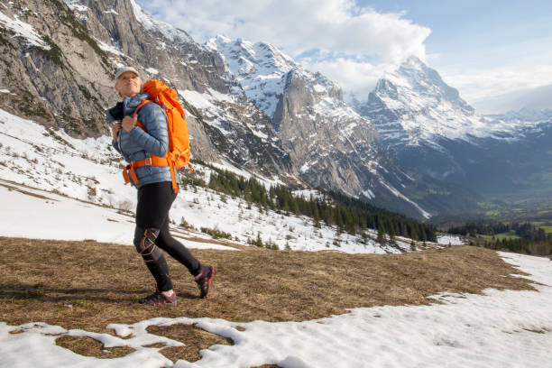 istock Female hiker ascends meadow slope, in mountains 1209997435