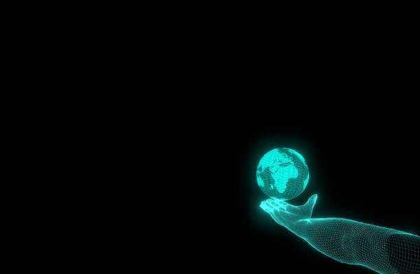istock 3d rendering illustration  digital world hologram technology concept. Hologram of earth map  isolated on black background . Digital globe blue futuristic color with hand wireframe sci-fi . 1209998356
