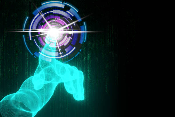 istock 3d Rendering illustration of blue hand touching the future wireframe isolated on black background .Futuristic technology business concept. 1209998361