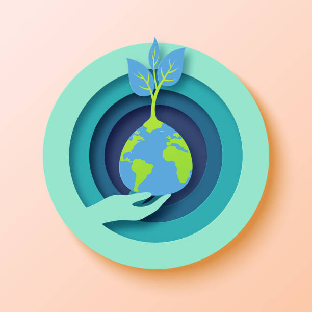 01.Save the world paper art style Save the world with human hand holding the earth and growing plant.Earth day concept paper art style vector illustration. origami hand stock illustrations