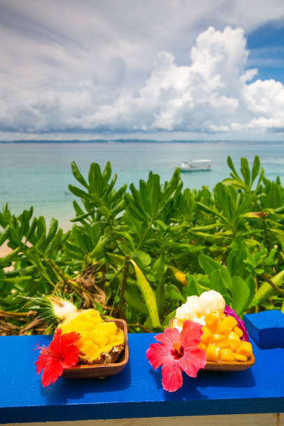 istock Fruit desert with Hibiscus flower displayed by the ocean 1210001200