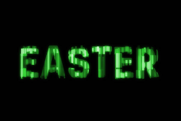 Happy Easter background with hitech glowing lettering over black background. Invitation realistic 3d illustration greeting card, ad, promotion, poster, flyer, web-banner, article, social media.