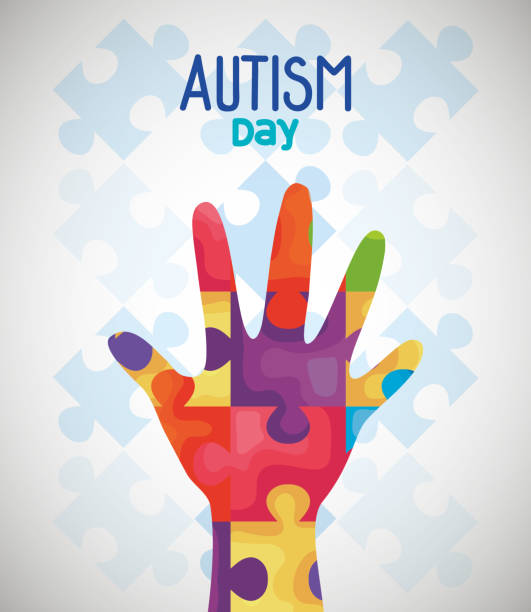 illustrazioni stock, clip art, cartoni animati e icone di tendenza di giornata mondiale dell'autismo e mano con pezzi puzzle - design month part of puzzle