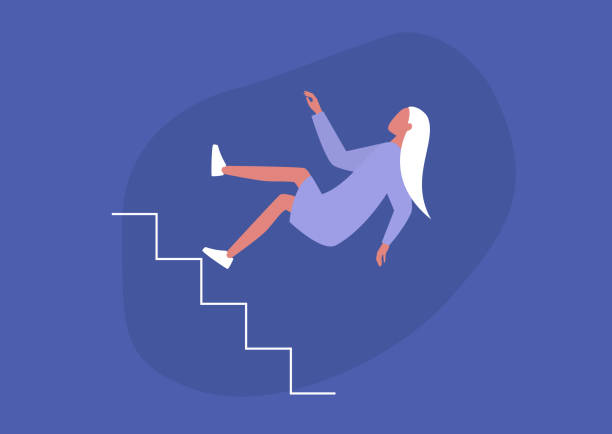 junge weibliche figur fällt von einer treppe, unglück, misserfolgskonzept - single drop stock-grafiken, -clipart, -cartoons und -symbole