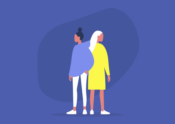 ilustrações, clipart, desenhos animados e ícones de dois jovens adultos de volta para trás, apoio e confiança, parceiros - homosexual couple illustrations