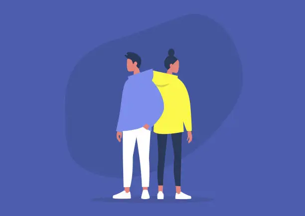 Vector illustration of Two young adult character standing back to back, support and trust, partners