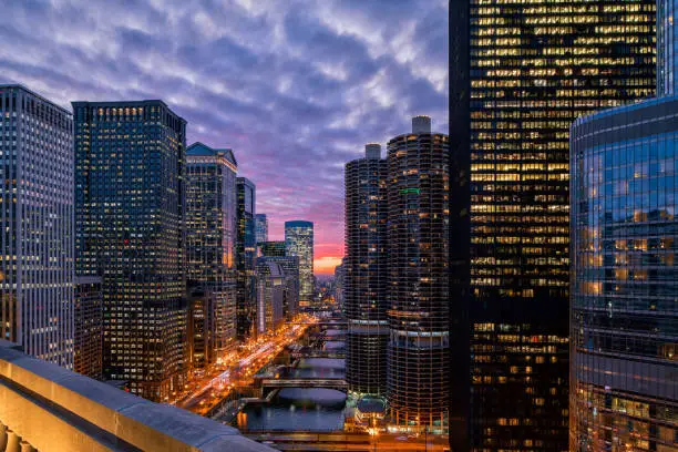 Beautiful Sunset over Chicago Riverwalk - Cityscape