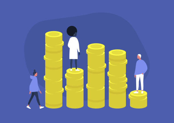 Fundraising, IPO, investment, a group of characters standing and walking next to a stack of coins Fundraising, IPO, investment, a group of characters standing and walking next to a stack of coins token stock illustrations