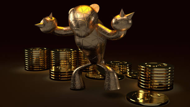 istock bear gold  and gold coins 3d rendering in dark tone for business content. 1210004838