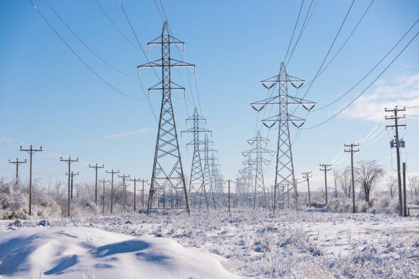 Electricity cables covered in ice after frozen rain phenomenon