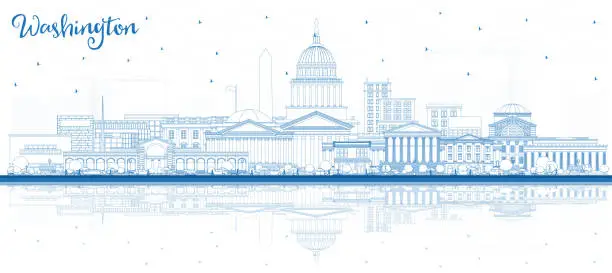 Vector illustration of Outline Washington DC USA City Skyline with Blue Buildings and Reflections.