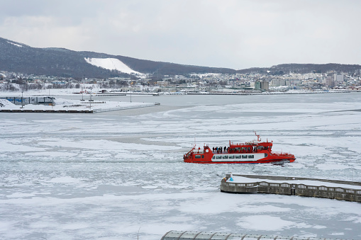 View of Okhotsk Ice Sea and drift ice sightseeing cruise Monbetsu ,Hokkaido ,Japan.