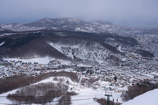 Otaru city view from Tenguyama mountain during winter.