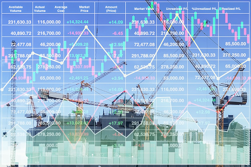 Stock financial index of successful investment on property development business and construction indistrial with chart and graph  for presentation and report background.