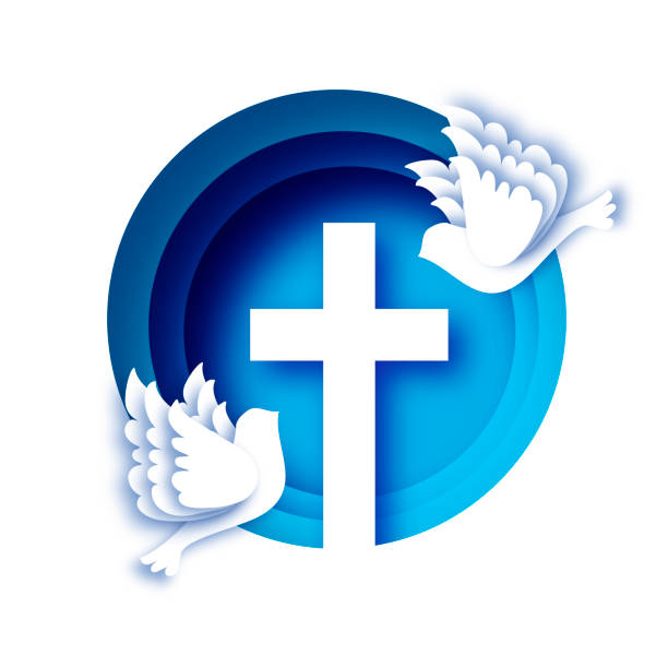 illustrazioni stock, clip art, cartoni animati e icone di tendenza di è risorto. striscione pasquale. croce cristiana in stile taglio carta su sfondo blu. cornice circolare. piccioni. santa pasqua. - church dawn christianity bird