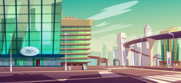 Cityscape with crossroad and overpass highway Cityscape with crossroad, overpass highway or subway and skyscrapers. Vector cartoon landscape of town street with buildings, crosswalk and road on bridge modern house driveway stock illustrations