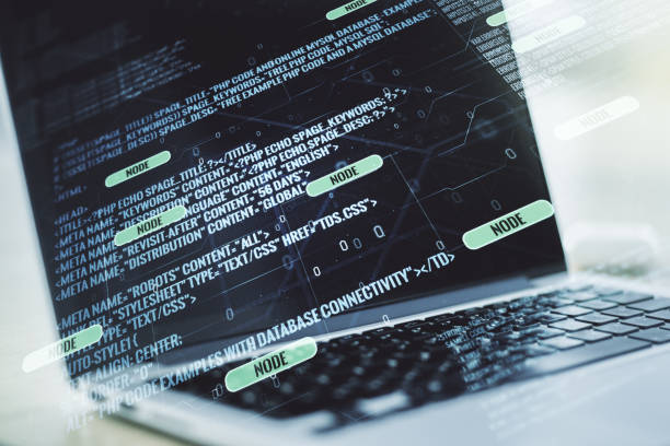 istock Multi exposure of abstract software development hologram on laptop background, research and analytics concept 1210021628