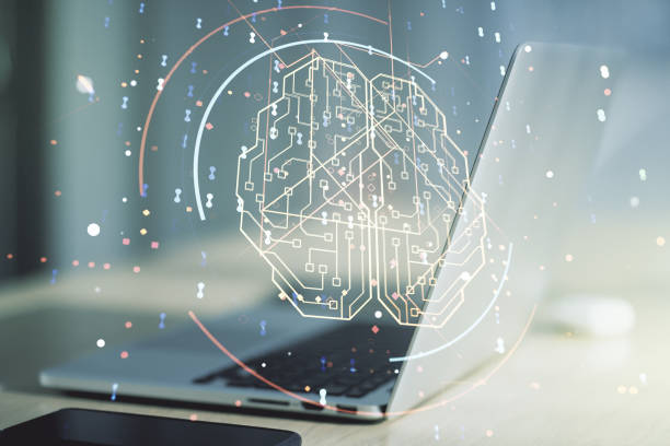 istock Double exposure of creative artificial Intelligence symbol with modern laptop on background. Neural networks and machine learning concept 1210021745