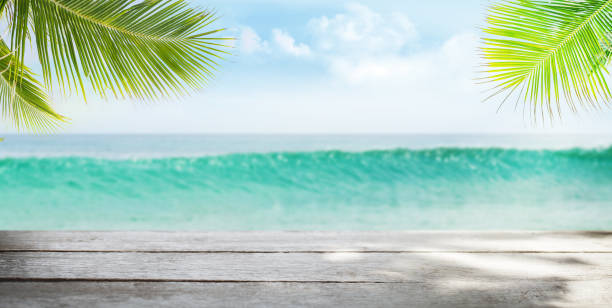 istock Summer tropical sea and empty wooden table 1210021787