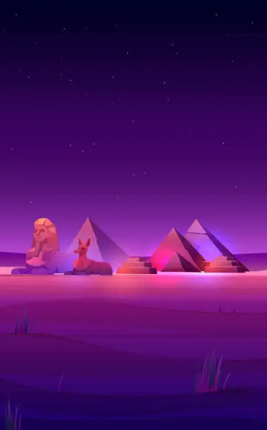 Vector illustration of Egyptian night desert pyramids, sphinx and Anubis