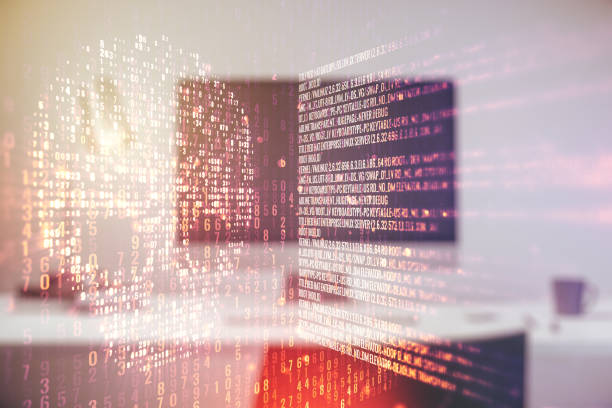istock Double exposure of creative code skull hologram on laptop background. Malware and cyber crime concept 1210022248