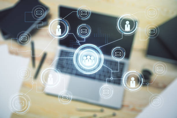 istock Double exposure of social network icons concept with computer on background. Networking concept 1210022260