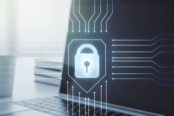 istock Creative idea concept with lock symbol and microcircuit illustration on modern laptop background. Protection and firewall concept. Multiexposure 1210023433
