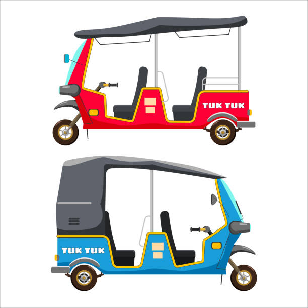 zestaw tuk tuk asian auto riksza trójkołowy trójkołowy czerwony i niebieski. tajlandia, kraje indyjskie baby taxi. ilustracja wektorowa izolowana styl kreskówki - bangkok thailand asia water taxi stock illustrations