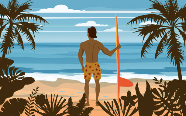 illustrations, cliparts, dessins animés et icônes de surfer restant avec la planche de surf sur la vue arrière tropicale de plage. palms océan surfung thème. drapeau d’affiche d’affichage isolé d’illustration de vecteur - enfants derrière voiture vacance