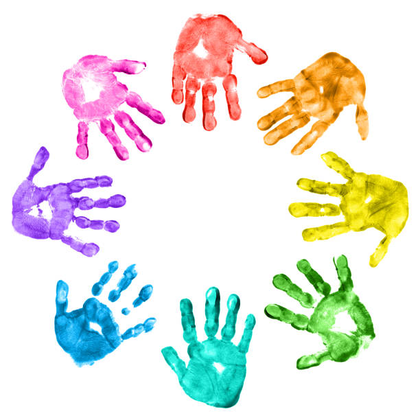 Colorful Children Handprints Forming a Circle on White Background