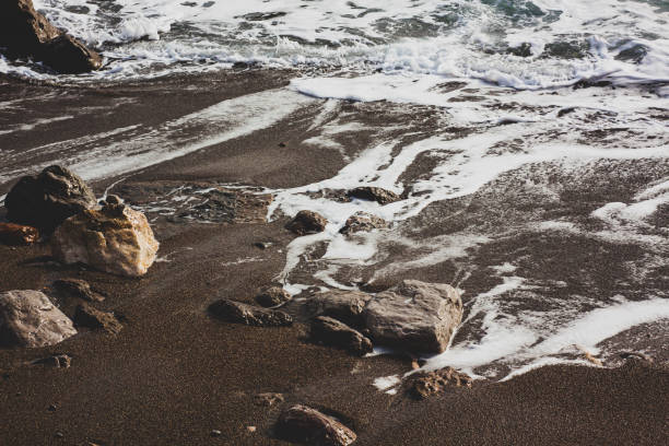 istock Pattern of white sea foam on brown sand. Wild seashore 1210030535
