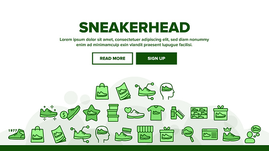 Sneakerhead Footwear Landing Web Page Header Banner Template Vector. Sneakerhead In Gift Box And Bag, Cleaning Brush And Cream, Online Shopping And Store Illustration