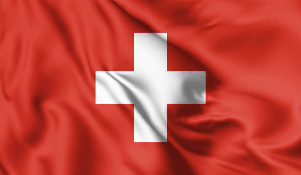 flaga szwajcarii wiejąca na wietrze. tekstura jedwabiu tła. ilustracja 3d. - switzerland flag computer graphic digitally generated image zdjęcia i obrazy z banku zdjęć