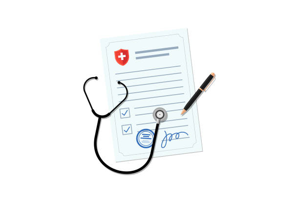 Medical blank document with stethoscope and pen. Doctor prescription form or health insurance. Healthcare concept vector illustration Medical blank document with stethoscope and pen. Doctor diagnosis prescription form or health insurance. Healthcare concept vector illustration prescription stock illustrations
