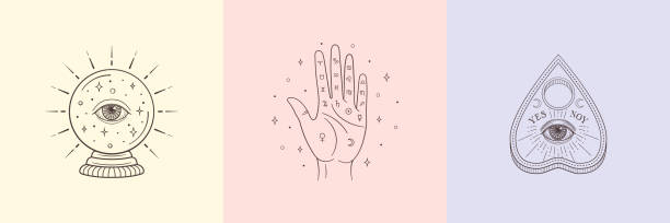 illustrazioni stock, clip art, cartoni animati e icone di tendenza di tipi di divinazione: palmistry, sfera di cristallo, ouija planchette. simboli strega e magia, illustrazione vettoriale monocromatica, isolata su sfondo bianco - fortune teller immagine