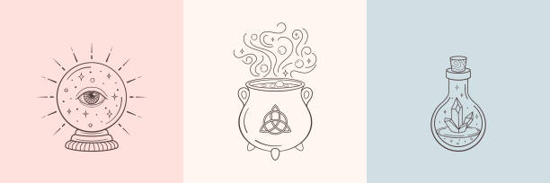 Witch and magic symbols with crystal ball, magic crystal bottle, cauldron. Monochrome vector illustration, isolated on white background Witch and magic symbols with crystal ball, magic crystal bottle, cauldron. Monochrome vector illustration, isolated on white background. cauldron illustrations stock illustrations