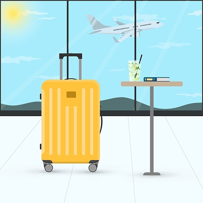 Vector Cartoon Illustration Of Airport Terminal Waiting Hall With Suitcases  Airplane And Mojito Stock Illustration - Download Image Now - iStock
