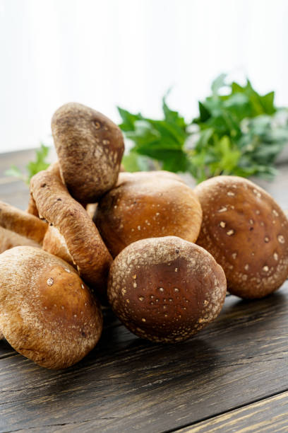 istock Shiitake mushroom on wooden table 1210040601