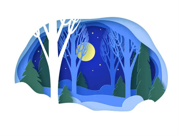 Vector illustration of Winter paper landscape. Snowy forest with trees without leaves and fir trees. Snowdrifts, snow, moonlit night, stars in the sky. Glade. Vector