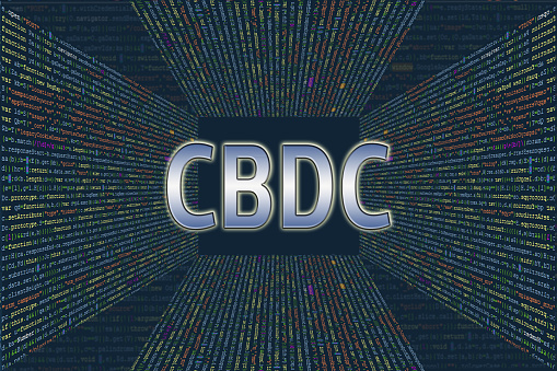 A tunnel from a computer program code. Central bank digital currency concept. Middle Source Software Source Code: CBDC