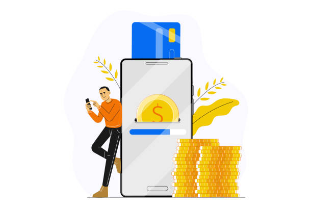 Young man or guy making payment with smartphone app. Concept of secure mobile payment, online banking, card to card money transfer service, transaction, donation, digital wallet.  Vector illustration. vector art illustration