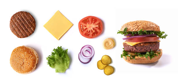 vegan meatless burger vegan meatless burger ingredients isolated on white background. top view veggie burger stock pictures, royalty-free photos & images