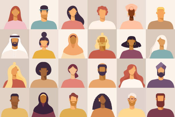 Set of avatars of male and female cartoon characters. People with various nationalities and hairstyles. Collection of vector portraits in simple flat design. black men with blonde hair stock illustrations