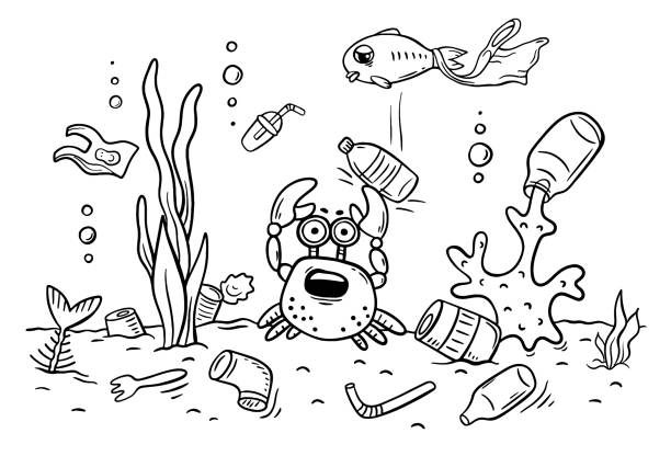 морские животные страдают от загрязнения океана с помощью пластмасс, экологии и концепции окружающей среды, раскраски - animal planet sea life stock illustrations