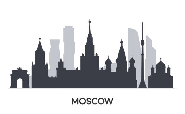 panorama von moskau flachen stil illustration. berühmte moskauer gebäude. - moscow russia stock-grafiken, -clipart, -cartoons und -symbole